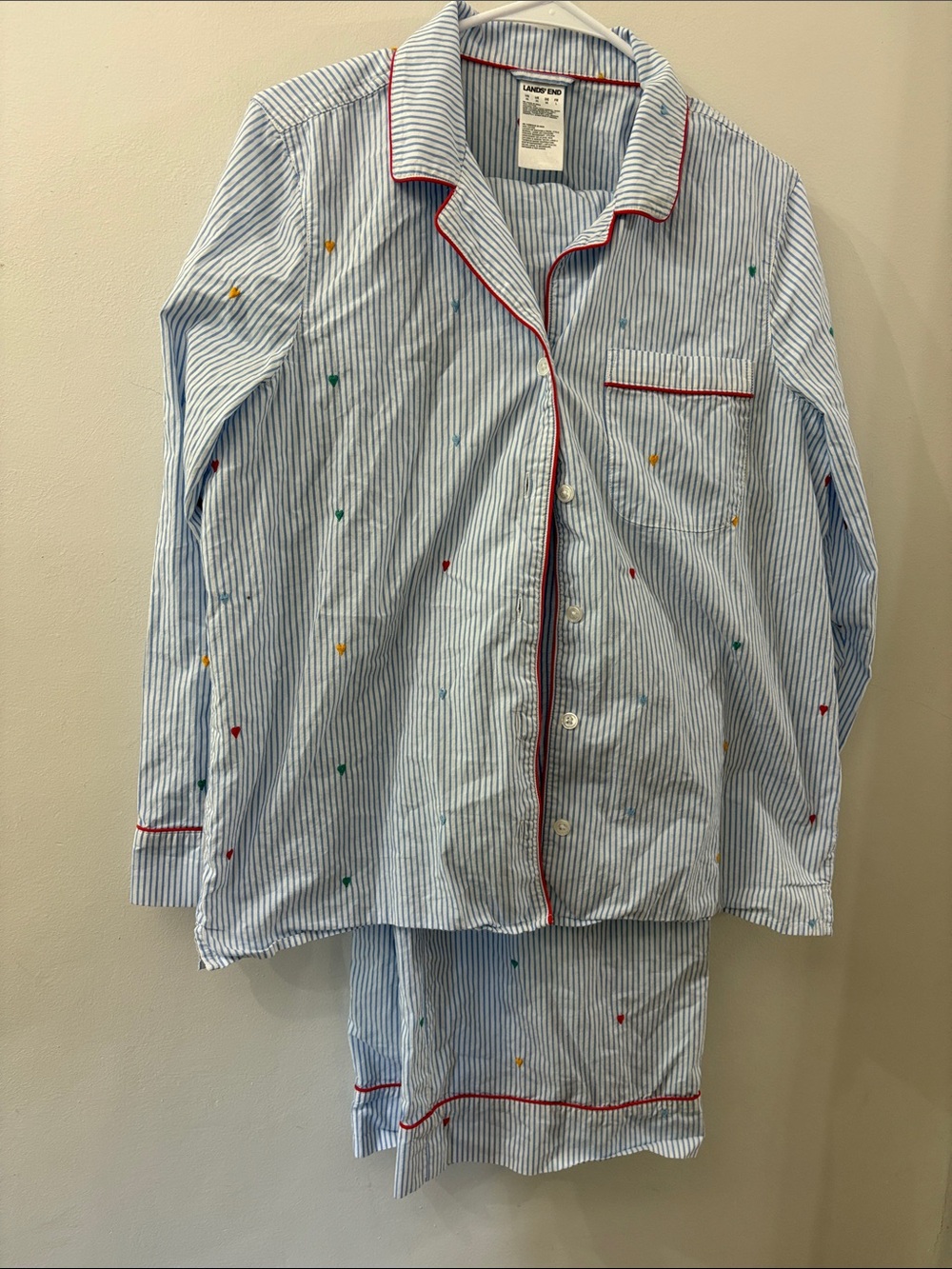 Lands End Blue Pinstripe  Pajama Set with Multicolor embroider heats - medium